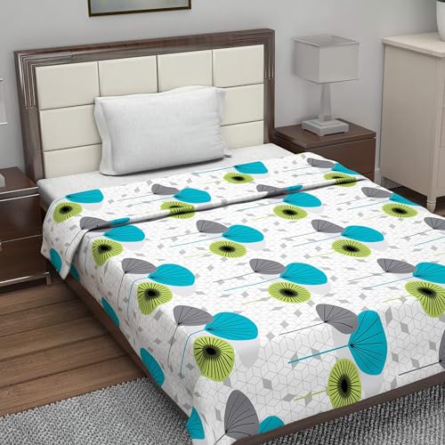 Image of Divine Casa 100% Cotton Reversible Lightweight Printed Single Bed AC Dohar Blanket | White & Blue, Size 140 x 210 cm