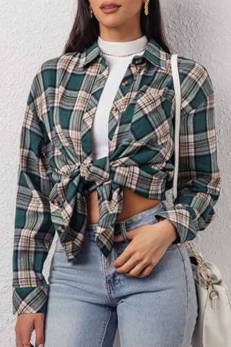 Image of CHYRII Womens Button Down Flannel Shirts Long Sleeve Plaid Shackets Business Casual Blouse Top