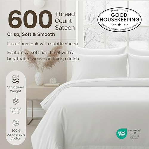 Image of California Design Den Deep Pocket King Sheets Set - Luxury 600 Thread Count Sateen, 100% Cotton Sheets with All Around Elastic for a Snug Fit, Hotel Quality Bedding Set - White
