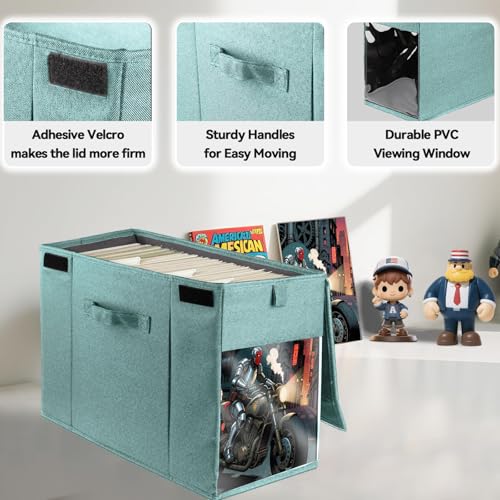 Image of 2 Pack Comic Book Storage Box with Lid for Modern Age, Collapsible Magazine Organizer with Clear Window, Green