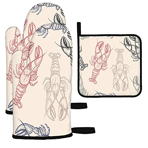 EKOBLA Lobsters Oven Mitts and Pot Holders Non-Slip Sets 3 Reusable Gloves for Chicken 11 x 72 Inch