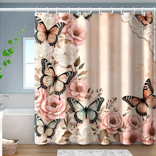 Dreamrflove Butterfly Shower Curtain Butterfly Floral Shower Curtain Spring Theme Bathroom Decor Waterproof Polyester Fabric Bath Curtain Insulated Washable Home Bathroom Curtain 72x72 Inches