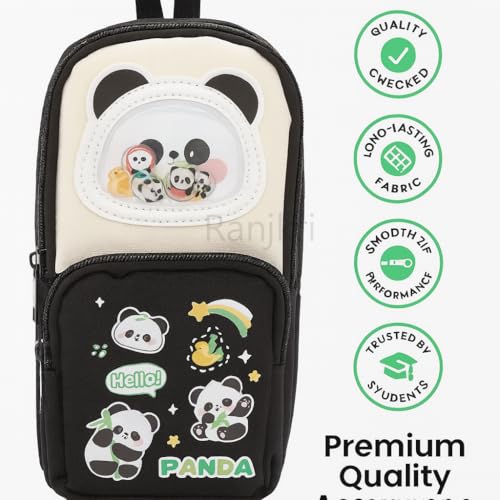 Image of Cute Pencil Pouch for Kids | Large Capacity Pencil Case for School & Tuition | Multi-Compartment Stationery Organizer with Mesh Pocket & Smooth Zippers | Black