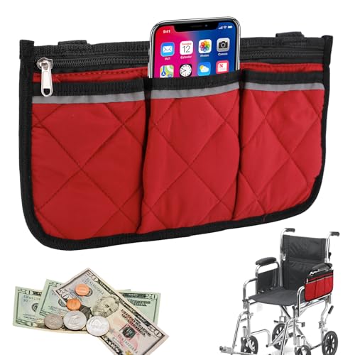 ONEVER - Bolsa lateral para silla de ruedas con portavasos, accesorios para reposabrazos de silla de ruedas, accesorios con rayas reflectantes, bolsa de tela impermeable para reposabrazos para silla