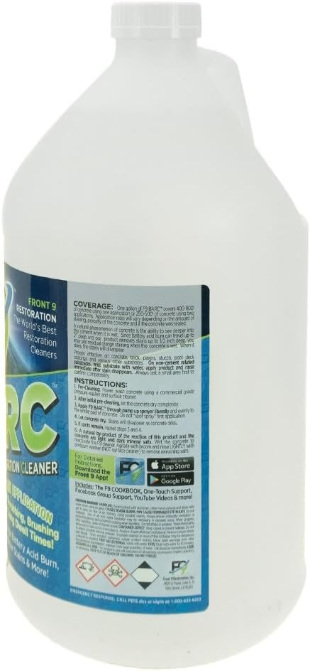 Front 9 BARC Rust Remover 1 Case - 4 Gallons -Removes Orange Battery Acid Burn and Fertilizer Stains- Biodegradable, Non-Abrasive, Non-Flammable- Safe for Bricks, Concrete, Pavers, Tile, & Asphalt