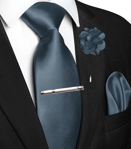 Image of JEMYGINS Formal Necktie Solid Color Tie and Pocket Square with Tie Clip Lapel Pin Sets for Men 4PCS