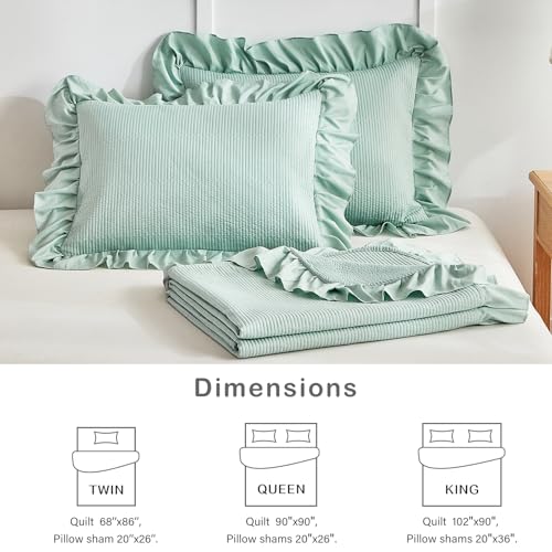 Sage Green Ruffle Quilt Set Full/Queen Size, 3 Piece Shabby Chic Farmhouse Striped Bedspread Coverlet Set, Solid Lightweight Soft Microfiber Bed Cover for All Season (1 Ruffled Quilt + 2 Pillow Shams) by Flysheep - Used condition - Image 6