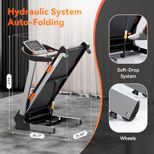 Image of 8.7MPH Treadmills for Home, 0%-15% Incline Walking Pad Treadmill with Auto-Folding, 3.5HP Wide Running Area Supports Up to 300lbs User Weight, Bluetooth & Pulse Monitor (Silver)