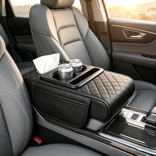 AMZAUTO Car Center Console Cover, Leather Armrest Cover for Car, Middle Console Cushion with Storage Bag, Cup Holder, Phone Slot ＆ Tissue Box, Universal Automotive Interior Accessories (Black)