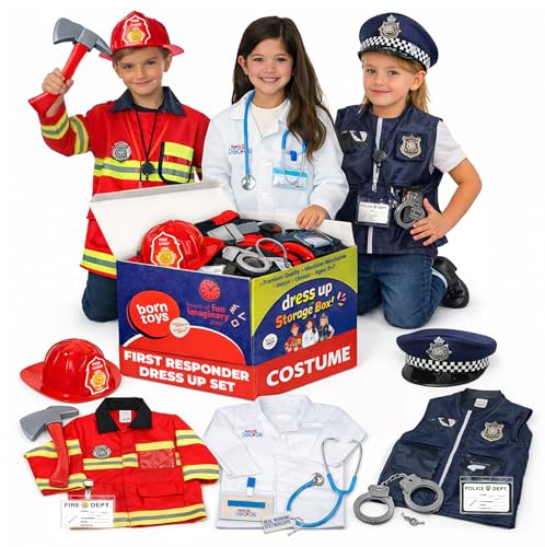 Born Toys 3-in-1 Toddler Dress Up Clothes for Boys & Girls Ages 3-7 Police Firefighter and Doctor Pretend Play Set with Toy Accessories Washable Costumes for Kids Career Day Outfit Gift Ready Set
