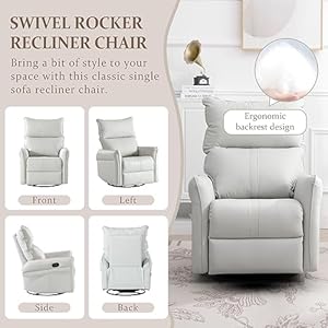 Swivel Rocker Recliner Chair Upholstered 360 Fabric Leather Glider Rocker Chair for Nursery Manual Small Recliners for Small Spaces Living Room Weight Capacity 300lbs