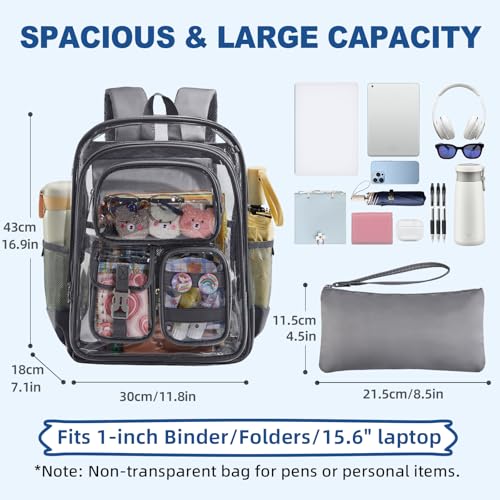 Image of Grey Clear Backpack Heavy Duty, Large Clear Bookbag for Boys Girls Adult, See Through Book Bag Transparent Backpacks with Multiple Pockets for School College Work Casual