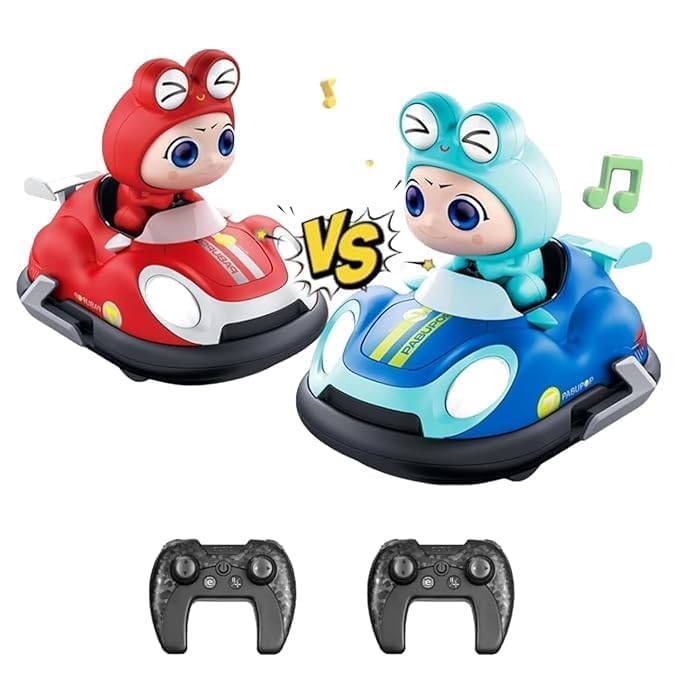 KERBRO 2.4G Remote Control Bumper Car Toy Set - Dual Player RC Cars with Cute Characters, Music, Lights & Controllers | Rechargeable Crash Game Toy for Kids Boys Girls Age 3+ (Red & Blue)