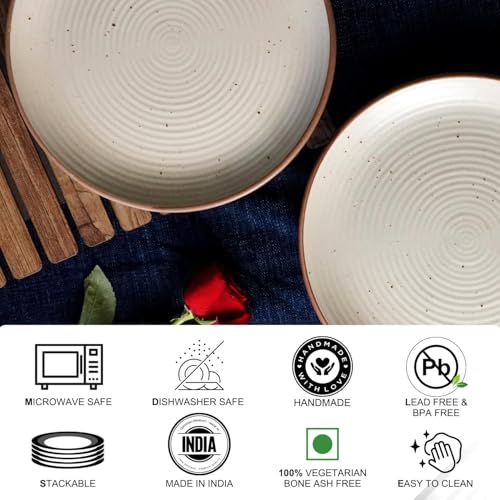 Image of Handcrafted Ceramic Stoneware Dinner Plates 10 Inches with Serving Bowl(8 Pieces, Serving for 4, Dishwasher & Microwave Safe)-Dinner Sets Ceramic Bowls Set Dinnerware Sets