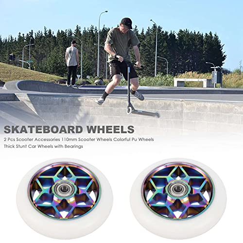 Hausdec 2 Pcs Scooter Accessories 110mm Colorful PU Wheels With Bearings for Thick Stunt Car (White), 110 millimeters - Image 2