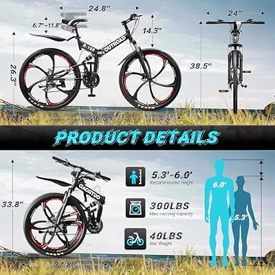 26 Foldable MTB 21-Speed Full Suspension, High-Carbon Steel Frame, Dual Disc Brakes & Quick-Release Tires Adults & Teens (Black)
