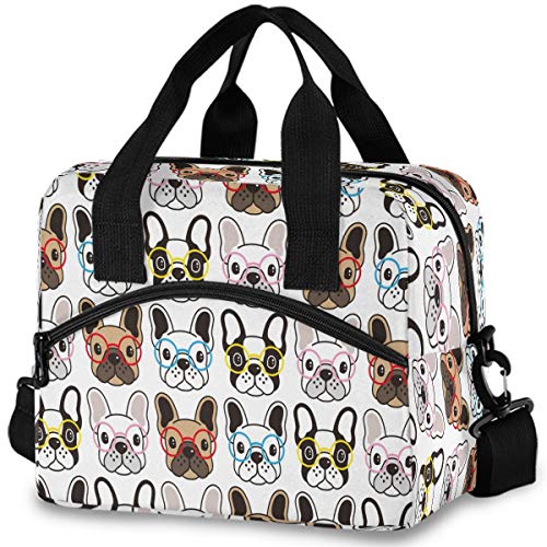 Cute Animal Dog French Bulldog Glasses Insulated Lunch Tote Bag R...