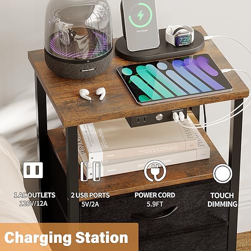 SUNMORY Nightstand with Charging Station and Dimmable LED Lights, 25.6 Inch Tall Side Table with 3 Fabric Drawers, Night Stand with USB Ports & Outlets, Small End Table, Bedside Tables for Bedroom