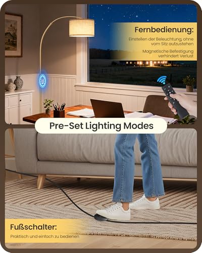 GOEBLESON Stehlampe Wohnzimmer, 158-188 cm höhenverstellbare Bogenlampe, Dimmbare Stehleuchte mit Fernbedienung, mit LED Birne, Beige Goldene Standlampe für Schlafzimmer, ZE15LDD05