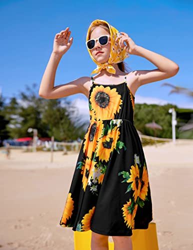 Arshiner Girls' Casual Dresses Spaghetti Strap Above Knee Sundress Sunflower Black 12-13Y #TOP24