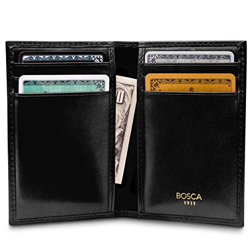 Image of Bosca Men's Leather Card Holder Wallet - Italian Full Grain Vegetable Tanned Credit Card Case - 6 Card Slots, 2 Receipt Wells - Classic Glossy Finish - Gift-Ready Packaging - Black