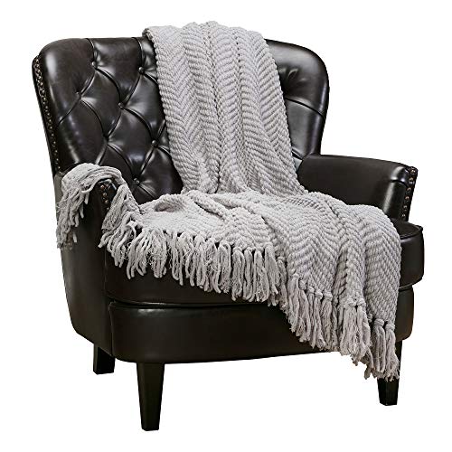 Chanasya Textured Knitted Super Soft Throw Blanket With Tassels - Warm Fluffy Cozy Plush Knit - For Couch Bed Sofa Living Room Framhouse Boho Light Gray Accent Decor (50X65 Inches) Silver Blanket #TOP6