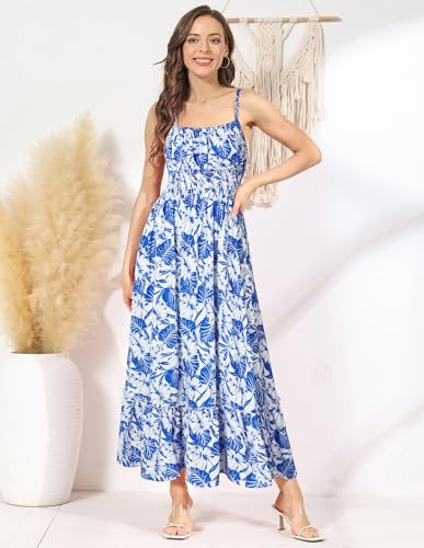 Image of GRACE KARIN Summer Dresses for Women 2026 Vacation,Smocked Floral Maxi Dress,Boho Beach Sundress with Pocket Fashion Clothing