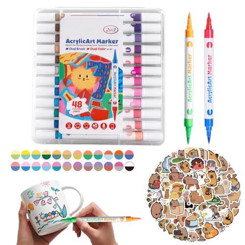 Pluvyze 24 Stück Porzellanstifte,48 Farben Keramikstifte Spülmaschinenfest,40 Capybara-Aufkleber,Keramik Stifte,Geeignet für Glas-,Stein- und Keramikkreationen,DIY-Bastelarbeiten
