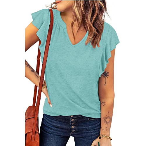 ANGGREK Mujer Casual Cuello en V Volantes Mangas Alas Camiseta sin Mangas de Verano Sexy Blusa Suelta Talla Grande Camiseta sin Mangas, verde, XXL