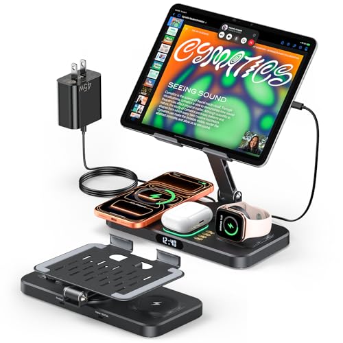 Magnetic Wireless Charging Station with 45W Adapter for Apple Devices, 20W Fast Foldable Wired Charging Stand for iPad with Clock & Night Light, Fast Mag-Safe Charger for iPhone 17, iWatch & AirPods