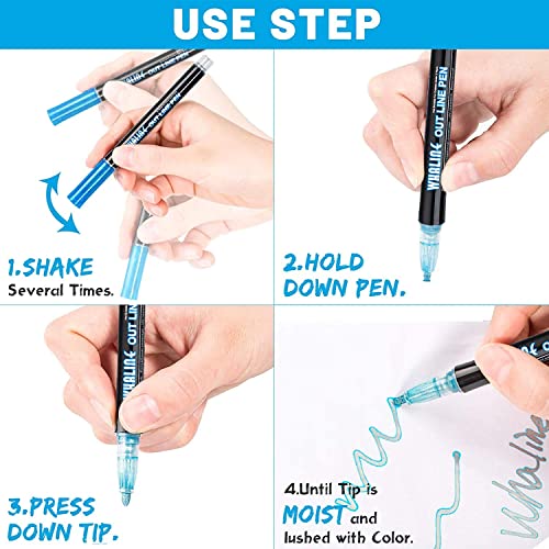 Image of Qatalitic 12 Pcs Double Line Chisel Point Outline Pens, 12 Colors Self-Outline Drawing Metallic Markers, Glitter Pen Set for Gift Card Writing, Birthday Greeting, Scrap Booking, DIY Art Crafts