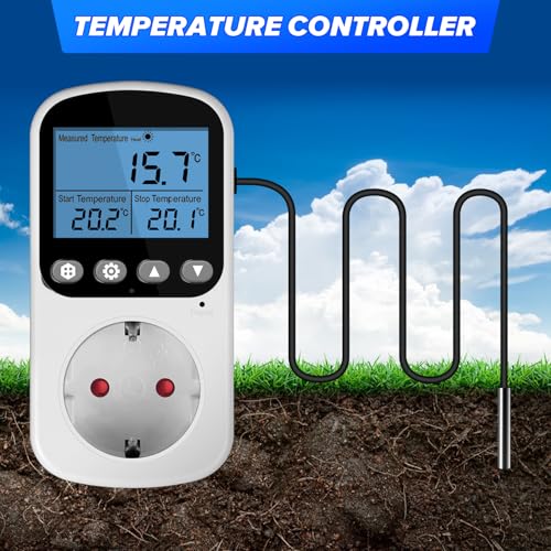 Temperaturregler Steckdose 230V Digital mit Timer und Sonde, LCD Thermostat Steckdose Heizung Kühlung, Temperaturschalter für Gewächshaus Kühlschrank Terrarium Aquarium (Blu-ray-Version)
