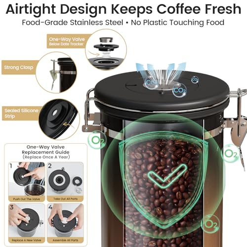 Image of Veken Coffee Canister with Window, Airtight Stainless Steel Container,Date Tracker, Kitchen Food Storage Jars for Beans, Ground, Espresso, Rice,Tea,Sugar, Cereal, Gifts, Scoop,Copper, 22OZ (Pack of 2)