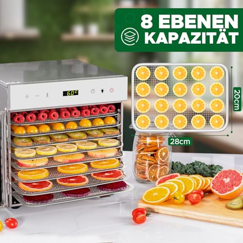 Kwasyo Dörrautomat Edelstahl, 8 Etagen mit 6er Dörrfolie, Rezeptbuch, BPA-frei, 30–90 ℃ Temperatureinstellung, max. 24 Stunden, Dörrautomat für Gemüse, Fleisch, Obst – Bild 6