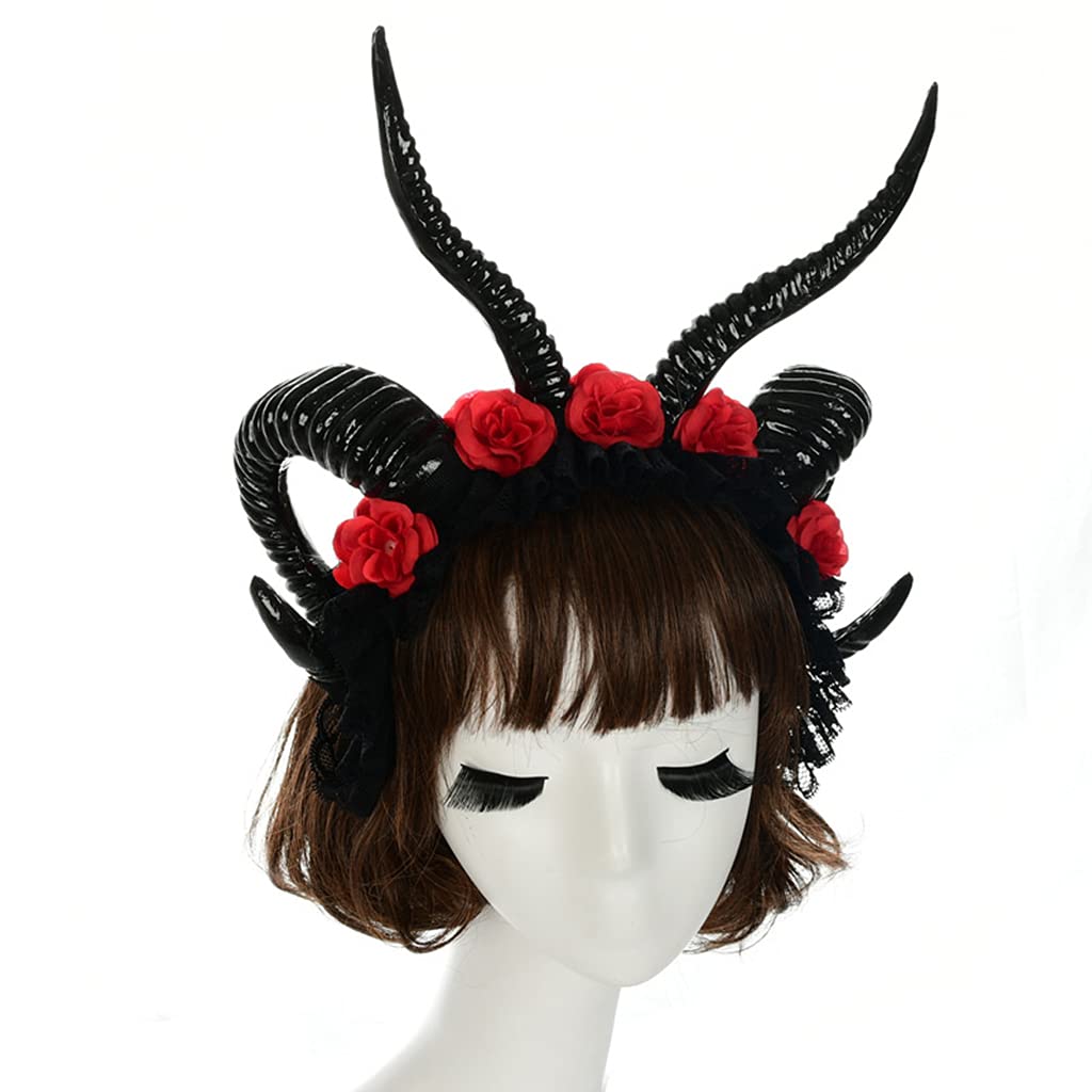 Cerchietto per capelli, da donna, in corno di pecora, in pizzo, con velo, fascia per capelli per feste di Halloween, Natale, accessori creativi per capelli