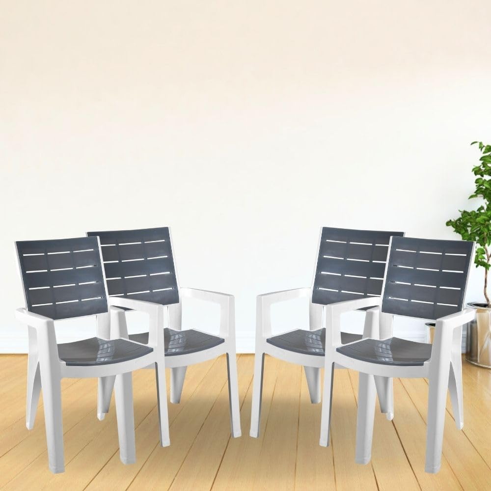 Designer Series Comfortable Plastic Arm Chair/Double Insert Stackable Chair for Home, Office/Plastic Chair/Sturdy & Durable Chair/Indoor and Outdoor (5115, White & Grey, Set of 4 Chair, BN)