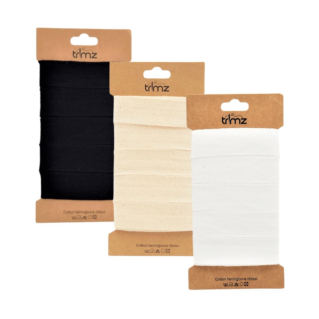 Trimz Herringbone Tape 5m Cards 25mm Width Assorted Colours (White, Black, Natural)
