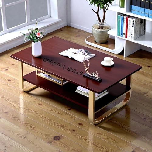 Image of Engineered Wood Coffee Table with Metal Base & 2 Tier Storage | Modern Rectangle Center Table for Living Room Sofa Set | Easy DIY Assembly (90 x 48 x 48 cm) (Brown Gold)