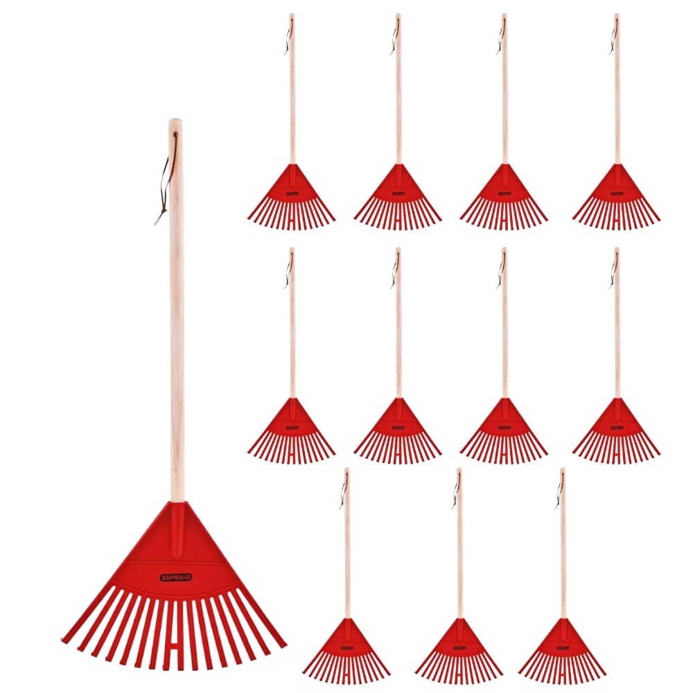 Superio Kids Leaf Rake, 34-Inch Lawn &amp; Garden Rake with Hardwood Handle and Durable Plastic Head, Leaf Cleanup Tool, Red 12 Pack