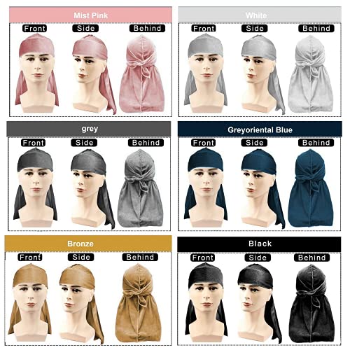 Leaduway 6Pcs Velvet Durag With 1 Wave Cap For 360 Waves Doo Rag(Mist Pink, Grey, Oriental Blue, Bronze, White, Black) #TOP1