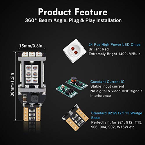 AUTOGINE 1300 Lumens Extremely Bright Canbus 921 912 906 904 902 W16W T15 LED Bulbs Brilliant Red 3030 24-SMD Error Free for Center High Mount Stop Lights, Tail Brake Lights (Pack of 2) - Thumbnail 2