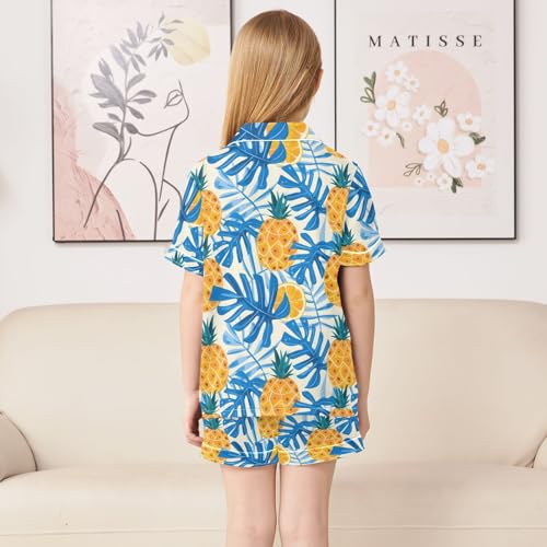 Summer Leaf with Pineapple Summer Satin Pajama Set, Cute Button-Down Sleepwear Pj Set for Sleep Wears4