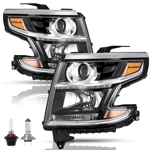 TUSDAR LED DRL Projector Headlights Assembly Compatible with 2015-2020 Chevy Tahoe/Suburban Halogen Headlamp w/Bulbs Chrome Housing with Amber Reflector