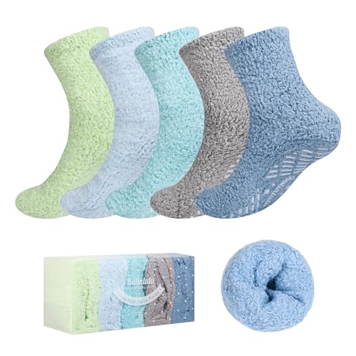 Image of Bulinlulu Fuzzy Socks With Grips for Women, 5 Pairs Non Slip Sleep Warm Fluffy Slipper Socks Gifts for Women