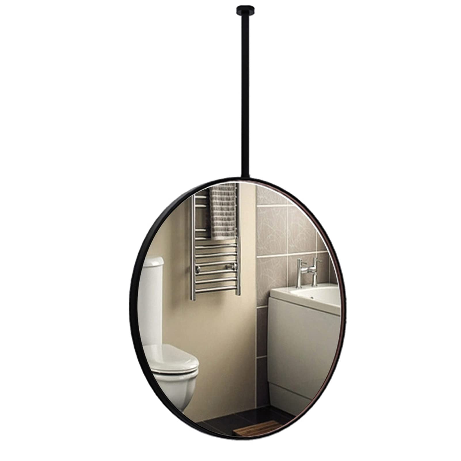 Miroir décoratif pour couloir et salle de bain rond de 50 cm avec suspension noire