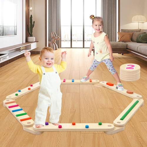 Trave Equilibrio in Legno per Bambini con 6 Pietre di Equilibrio, Giocattolo Montessori per Allenamento Dell'equilibrio...