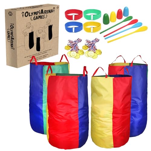 OlympiArena® Juegos de Feria para Niños | Carrera de Sacos, Carreras de Huevos, Carrera de 3 Piernas | 12 Medallas Incluidas | Actividades para Cumpleaños | Juego | OriginalCorner®