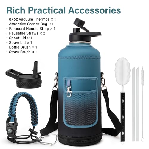 Insulated Water Bottle | Thickened Stainless Steel for Gym and Hiking with Straw, Carrier Bag, Handle Strap | BPA-Free 87 oz