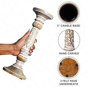 Pillar Candle Holders Rustic White Hand Carved Mango Wood Candle Holders for Pillar Candles in Home Living Room Kitchen or Table Centerpiece Set of 3 Candlestick Holders 6 9 12 for Home Decor