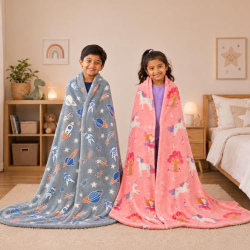 Image of Famyo Glow in the Dark Blanket Combo for Kids, Rocket & Unicorn | 2 Soft Flannel Fleece Blankets, 200 x 152 cm, Cozy, Warm, Machine Washable, Ideal Gift for Boys & Girls